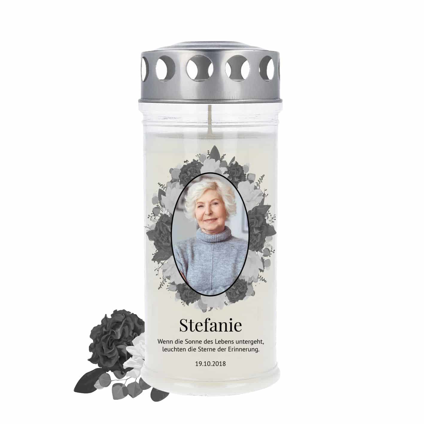Trauerkerze mit Deckel silber, Black Roses 1