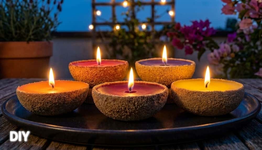 Fünf selbstgemachte DIY-Sandkerzen in Orange, Gelb und Rot brennen abends auf einem Teller im Garten