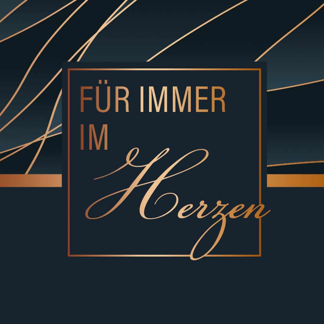 Motiv schwarzer Hintergrund mit roségoldenen Wellen und Text "Für immer im Herzen"