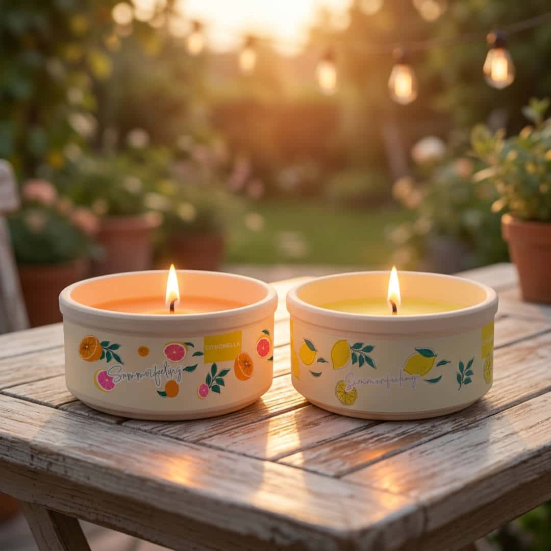 Zwei runde Citronella-Kerzen in Keramikschalen mit Zitrusfrucht-Motiv auf Holztisch im Abendlicht