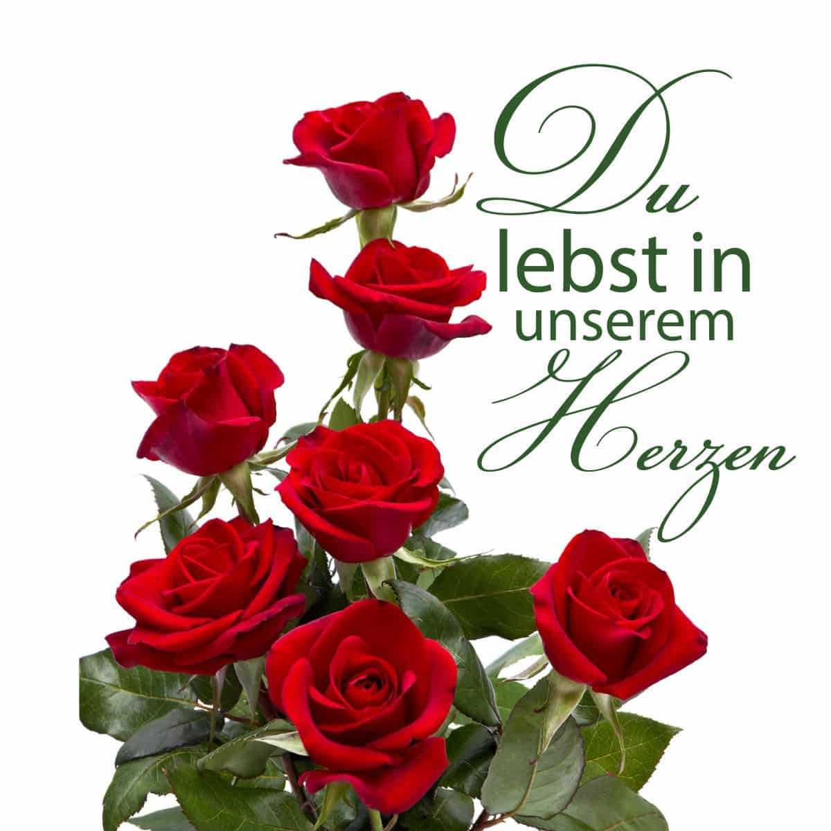 Motiv rote Rosen, Text "Du lebst in unserem Herzen"