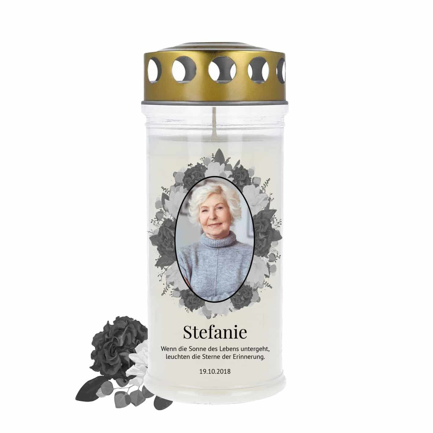 Trauerkerze mit Deckel gold, Black Roses 1