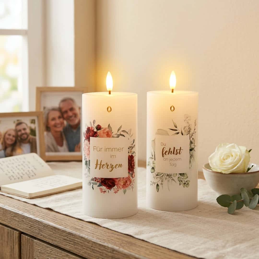 Zwei LED-Stumpenkerzen mit Blumenetikett auf Sideboard, Aufschriften „Für immer im Herzen" und „Du fehlst an jedem Tag"