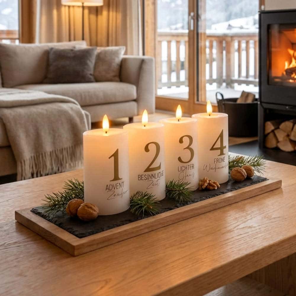 Vier leuchtende LED-Adventkerzen auf einem Holztablett am Couchtisch in einem gemütlichen Wohnzimmer mit Kaminofen und verschneitem Bergblick.