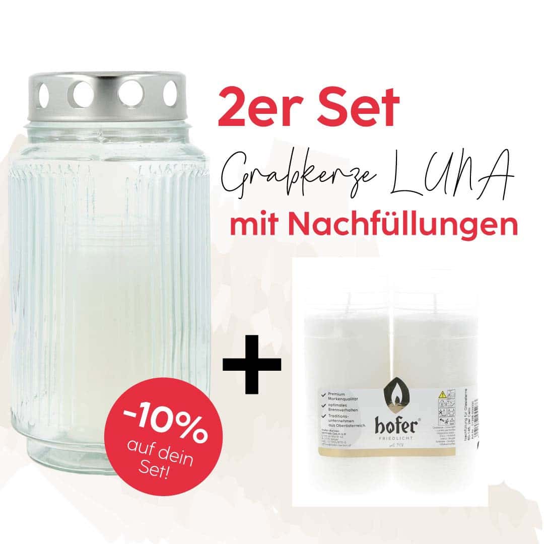 2er Set Glas Grabkerze LUNA transparent  mit Nachfüllungen