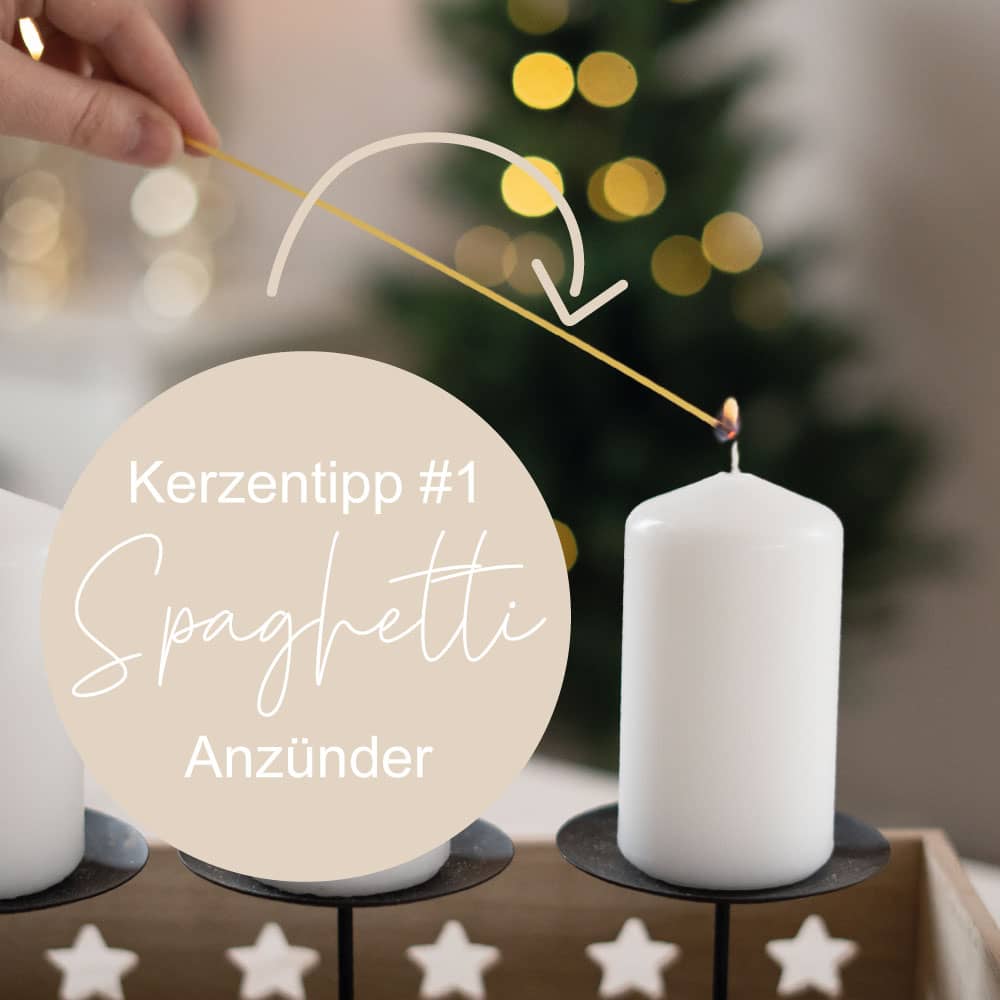 Spaghetti als Anzünder für weiße Kerze