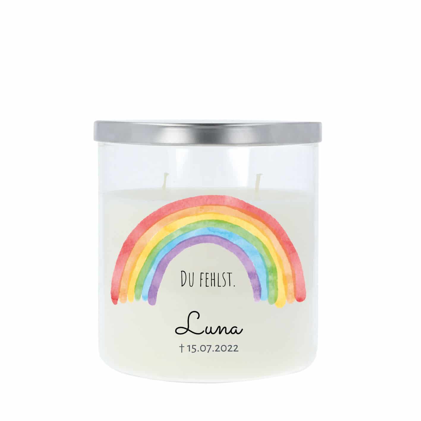 Gedenkkerze im Glas mit Deckel Metalloptik, Regenbogen 1