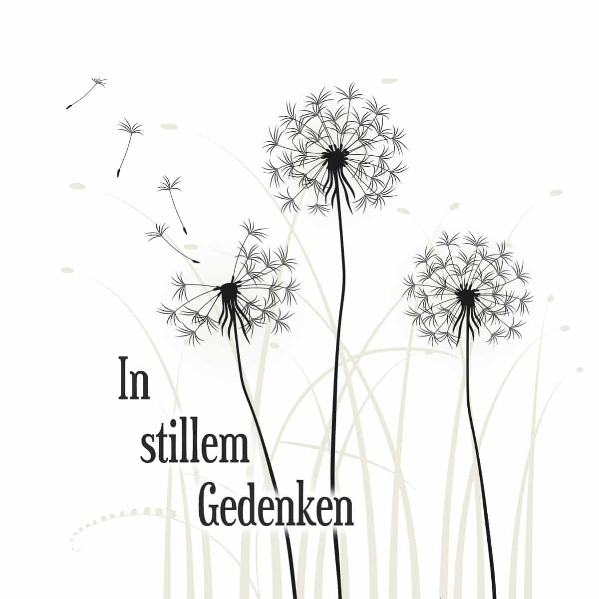 Motiv schwarze Pusteblume Grafik mit goldenem Gras und Text "In stillem Gedenken"