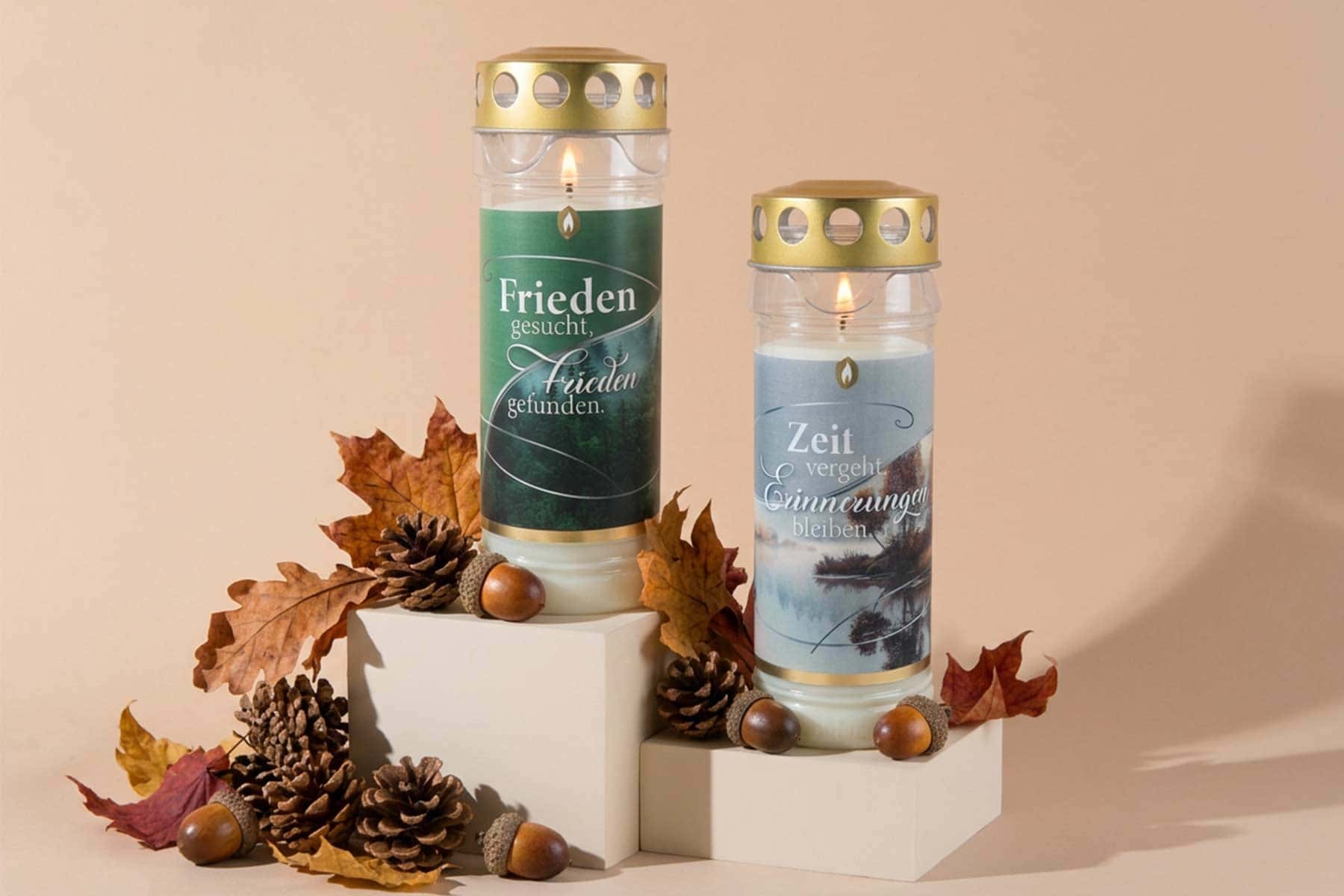 2 Grablichter mit Spruch und Herbstmotiv