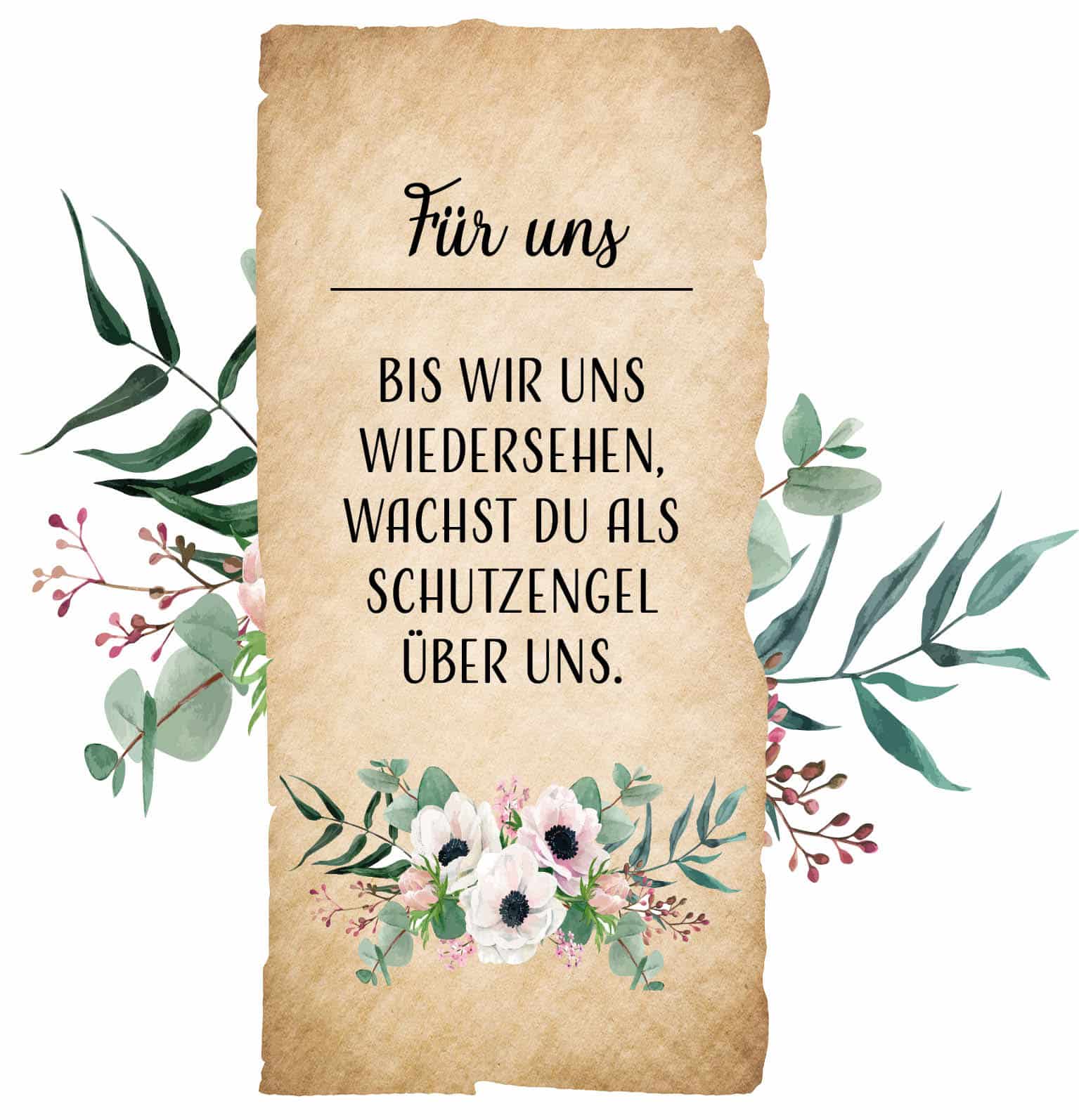 Motiv Brief mit grünen Pflanzen und Text " Für uns. Bis wir uns wiedersehen, wächst du als Schutzengel über uns."