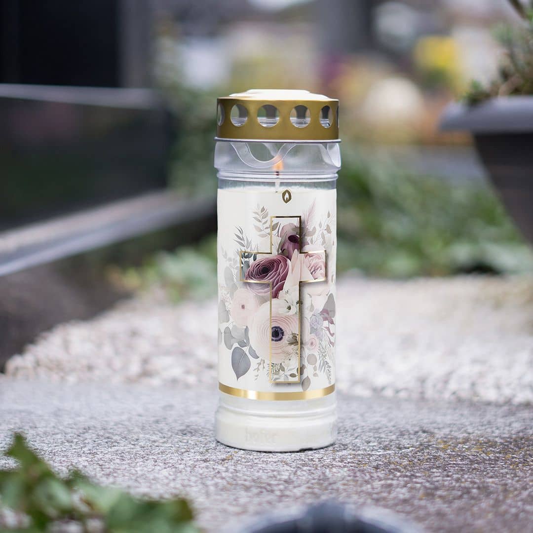 Hofer Premium 7 Tage Grabkerze, FLORALES KREUZ Friedhof