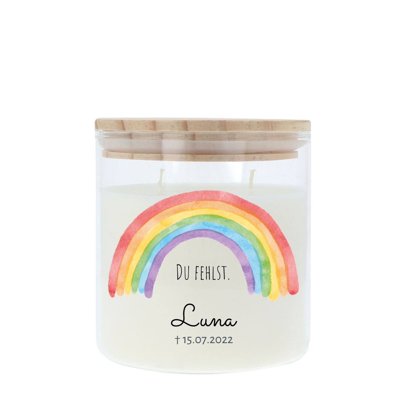 Gedenkkerze im Glas mit Holzdeckel, Regenbogen 1