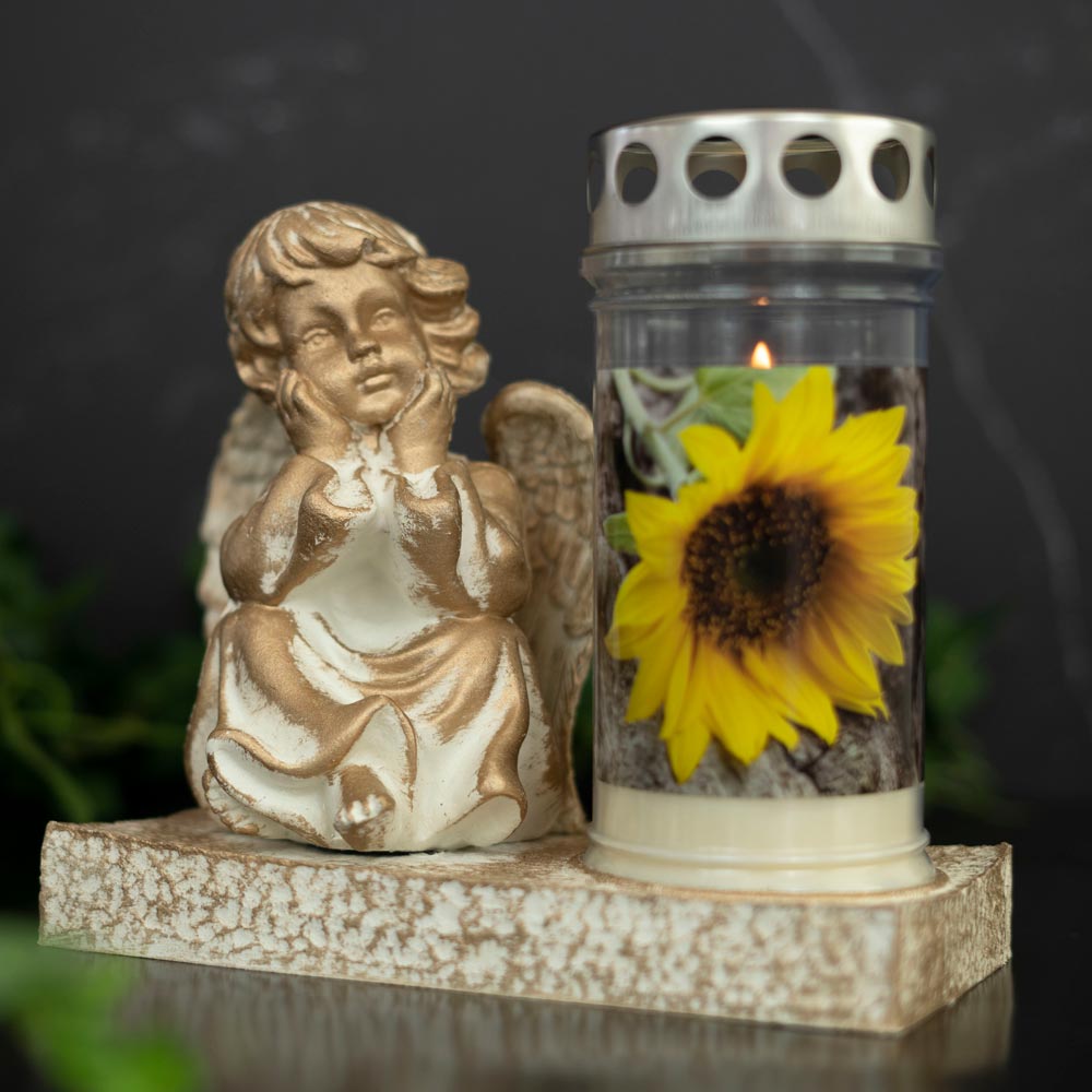 Engelskulptur klein mit 4-Tage Motivlicht Sonnenblume auf Marmor