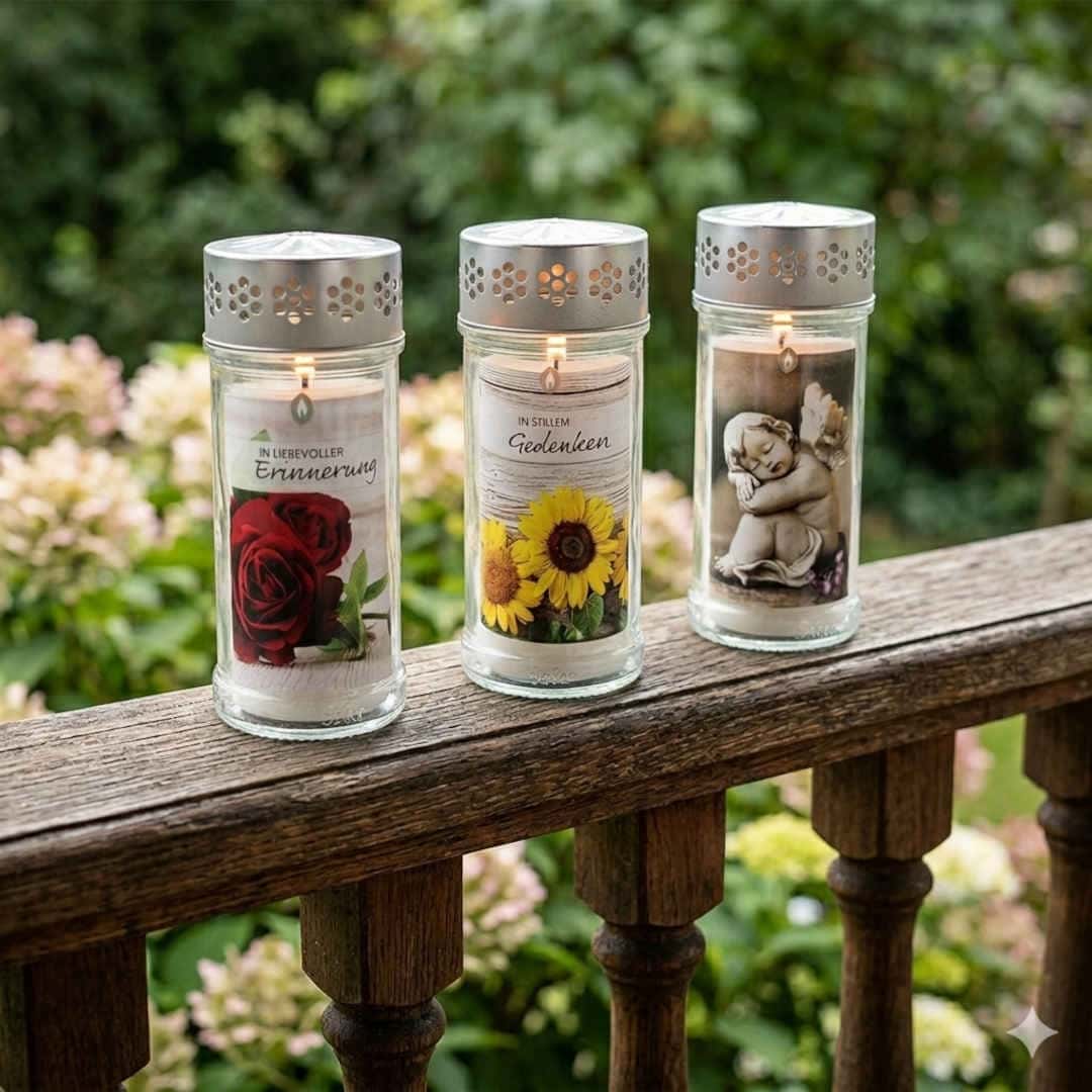 Drei brennende Glasgrabkerzen auf Holzgeländer, Etiketten mit Rose, Sonnenblume und Engel, je mit Gedenkspruch