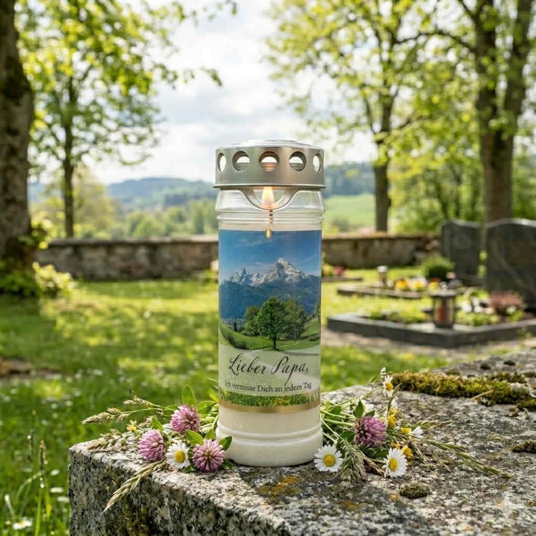Brennendes 7-Tage-Grablicht auf Friedhofsmauer, Bergwiesen-Etikett, Aufschrift „Lieber Papa, ich vermisse dich an jedem Tag"