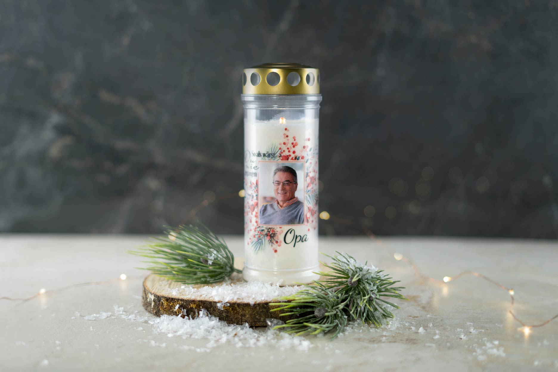 individuelle Grabkerze mit Foto für Weihnachten