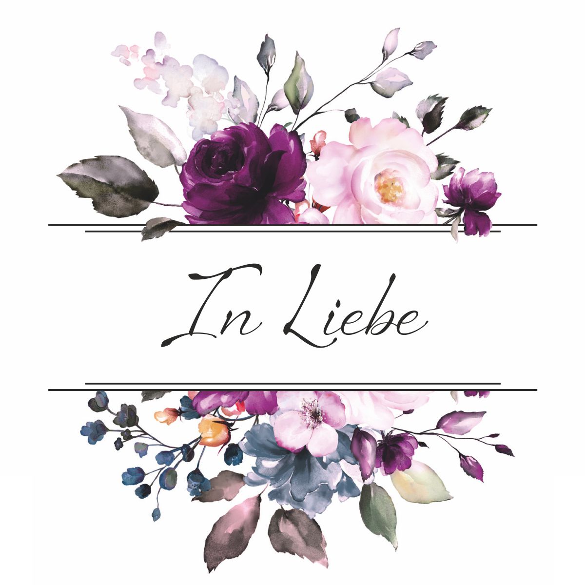 Motiv lila Rosen mit Text "In Liebe"