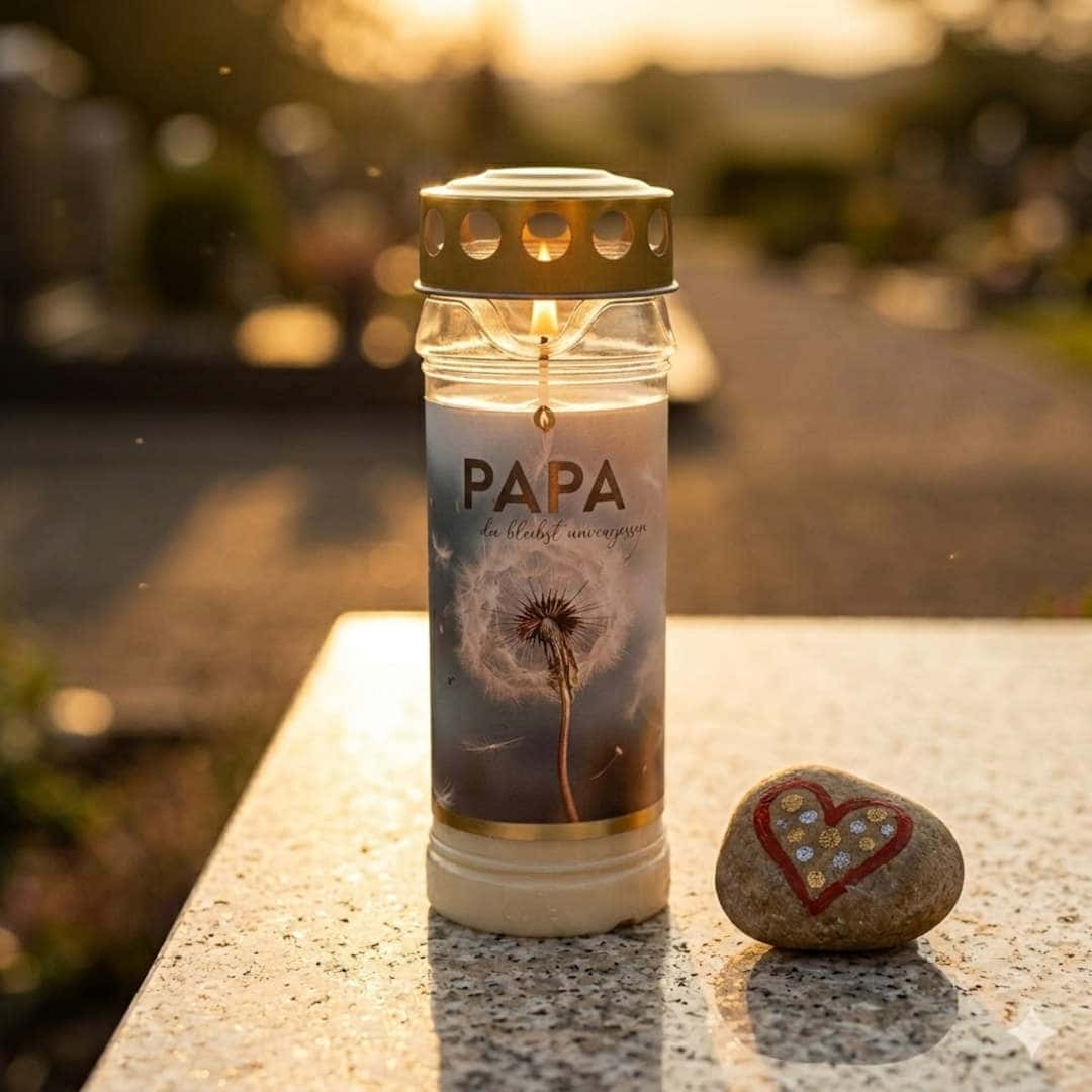 Brennendes 7-Tage-Grablicht auf Granit im Abendlicht, Pusteblumen-Etikett, Aufschrift „Papa, du bleibst unvergessen"