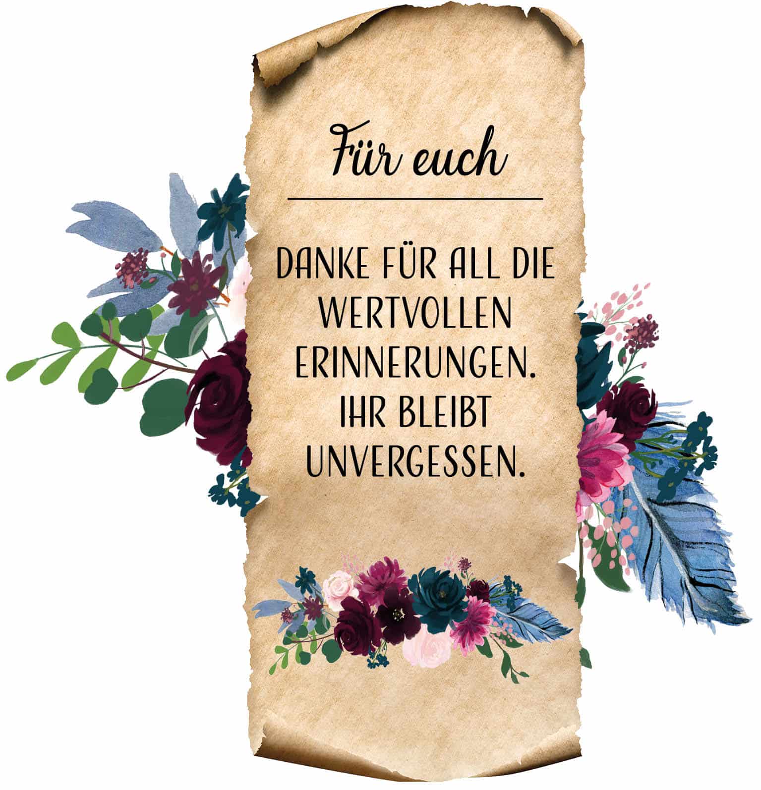 Motiv Brief mit Blumen und Text "Für euch. Danke für all die wertvollen Erinnerungen. Ihr bleibt unvergessen."