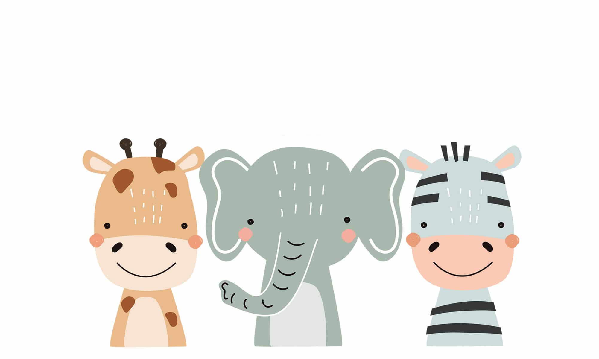 Gemalte Giraffe, Elefant und Zebra nebeneinander