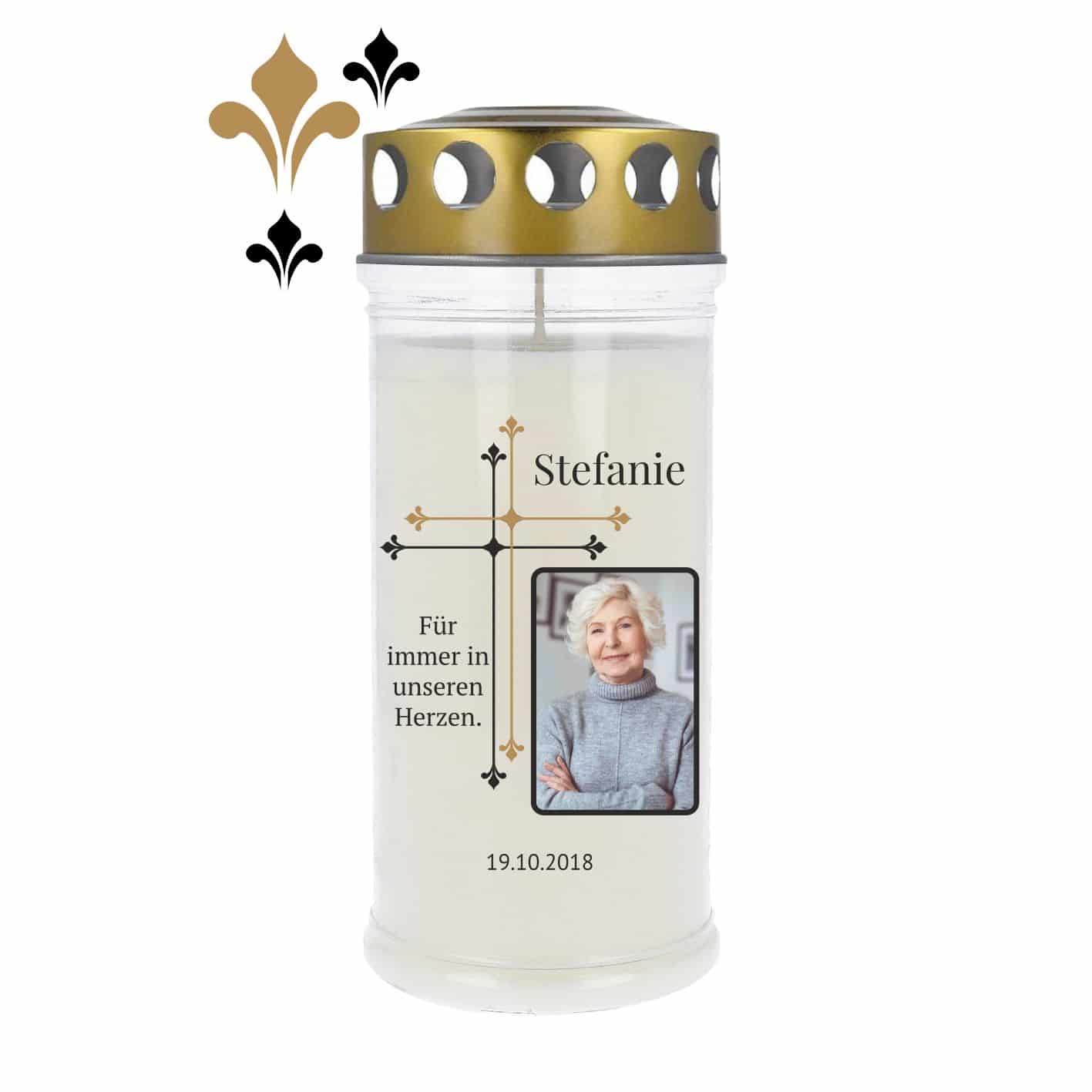 Trauerkerze mit goldenem Deckel zum Selbstgestalten und stilvoller Umrandung