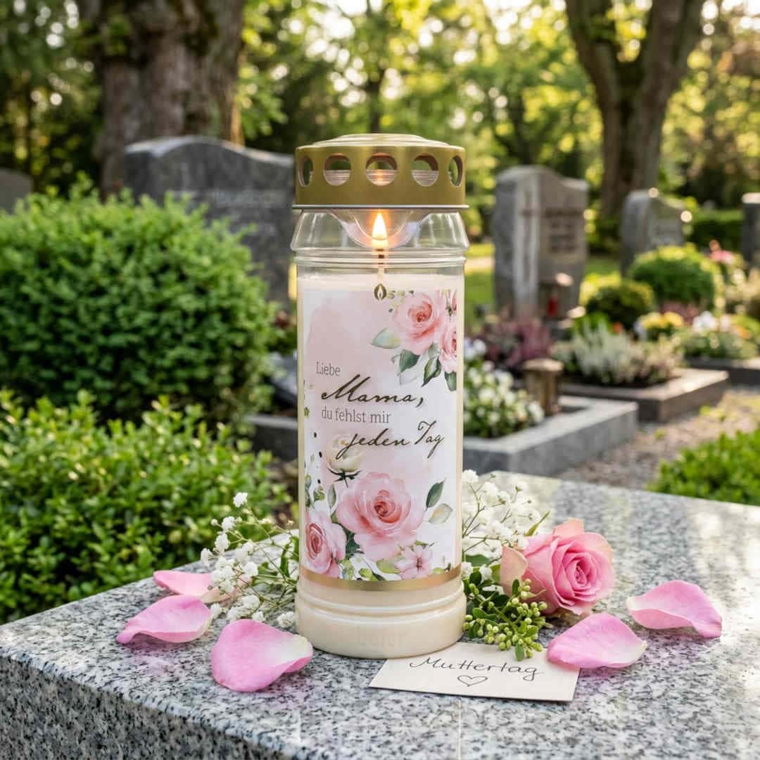 Brennendes 7-Tage-Grablicht auf Grabstein, Rosenetikett, Aufschrift „Liebe Mama, du fehlst mir jeden Tag"