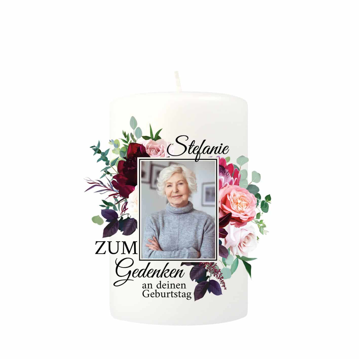 Individuelle Gedenkkerze klein mit Blumenmotiv