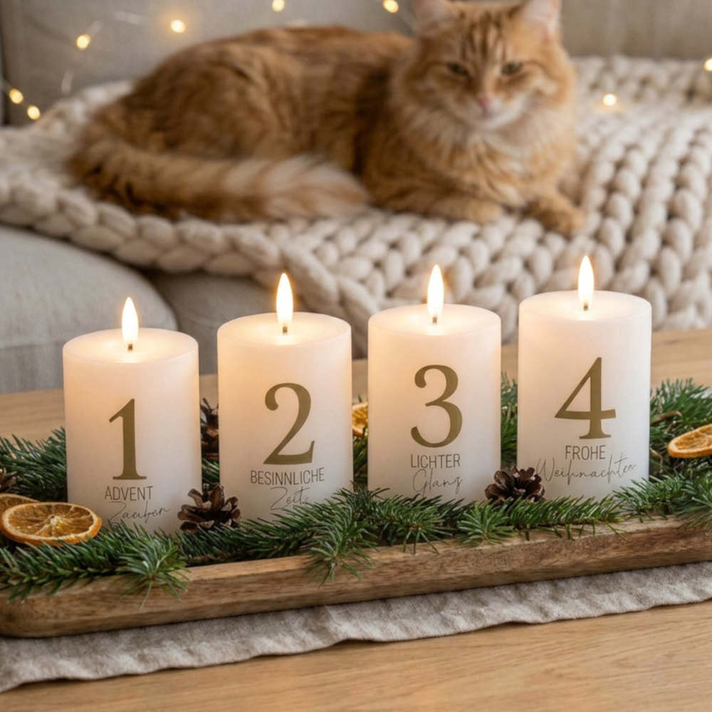 Vier leuchtende LED-Adventkerzen ADVENTZAUBER mit goldenen Ziffern 1 bis 4 auf einem Tischläufer mit Tannenzweigen, Zapfen und getrockneten Orangenscheiben; im Hintergrund liegt eine rote Katze auf einer Strickdecke.