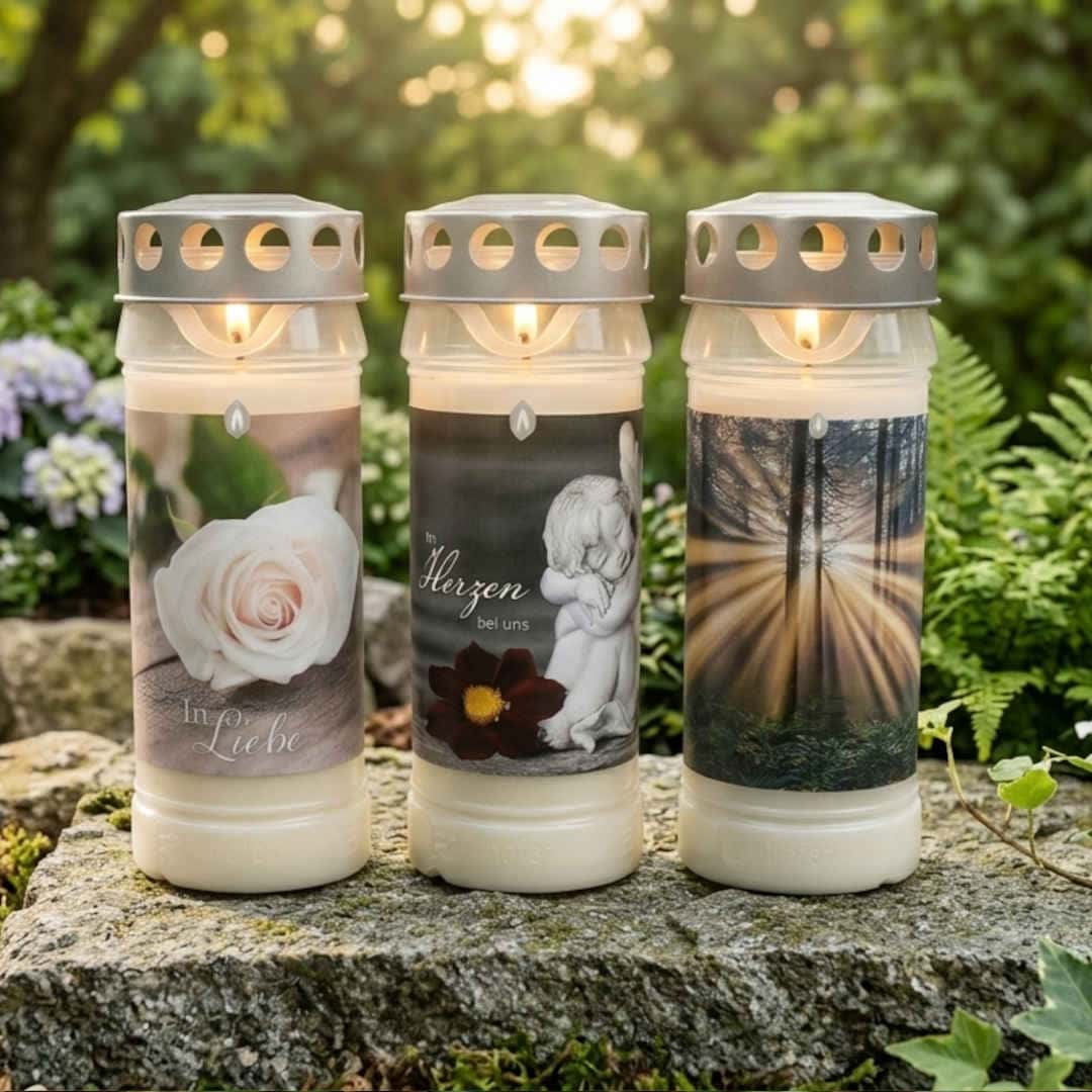 Drei brennende Grablichter auf Steinmauer, Etiketten mit weißer Rose, Engelfigur und Waldlichtung